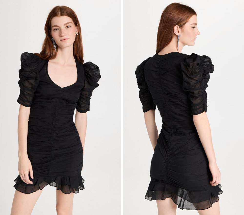 Isabel Marant Etolie 6 Sireny Puff-sleeve Mini Dress $590 Ruched Cotton Black 38